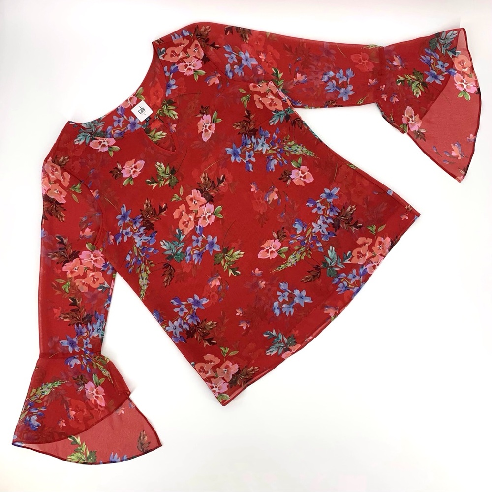 Cabi Devoted Blouse # 3590, Watercolour Floral Print 3/4 Bell Sleeve Top, Small